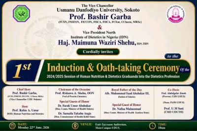 UDUS announces 1st Induction/Oath-Taking Ceremony for Human Nutrition & Dietetics Graduands