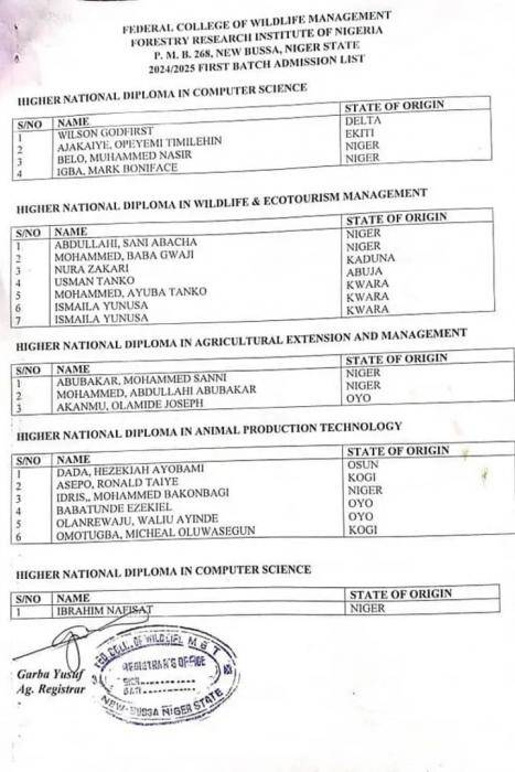 Federal College of wildlife management ND/HND admission list, 2024/2025