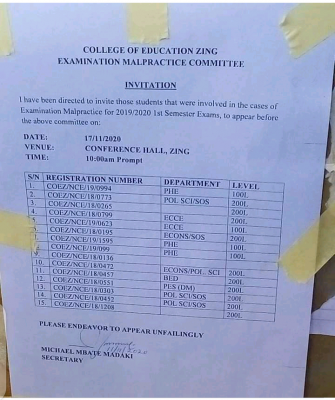 COE Zing summons students involved in examination malpractice
