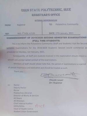 OSPOLY notice to students on 2nd semester exam for 2019/2020 session