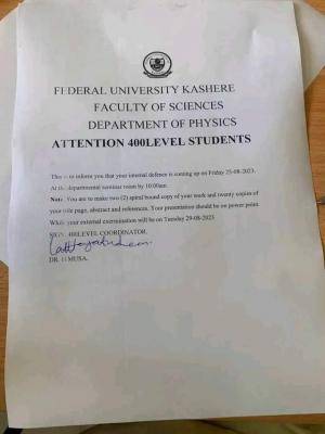 FUKASHERE notice to 400L physics Students