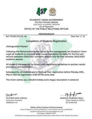 Ibadan Poly SUG notice on completion students registration