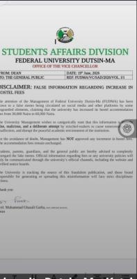 FUDUTSIN-MA disclaims false information regarding increase in hostel fees