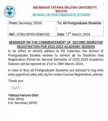 ATBU notice on commencement of 2nd semester Registration 2022/2023