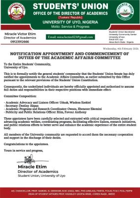 UNIUYO Students’ Union constitutes academic affairs committee