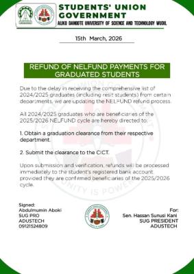 ADUSTECH SUG notice to Graduated Students on refund of NELFUND Payments