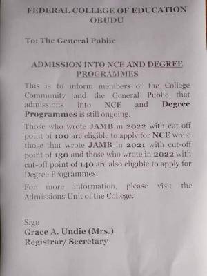 FCE Obudu NCE & degree admissions, 2022/2023