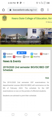 KWACOEILORIN 2nd semester BIO/ISC/BED CBT Schedule, 2019/2020
