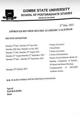 GOMSU approved revised academic calendar, 2021/2022