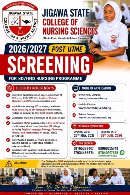Jigawa College of Nursing Sciences ND/HND Nursing Admission form, 2026/2027