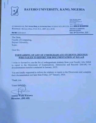 BUK notice to students admitted in 2023/2024 but yet to complete their documentation