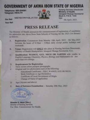 Akwa-Ibom State Schools of Nursing Admission 2023 stream I