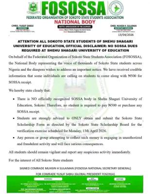 Sokoto State Students Association notice to students in Shehu Shagari University of Education