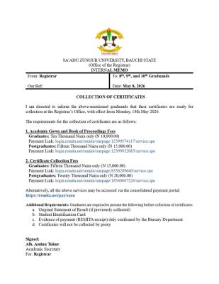 Sa'adu Zungur University issues notice to 8th, 9th & 10th Graduands on collection of certificates
