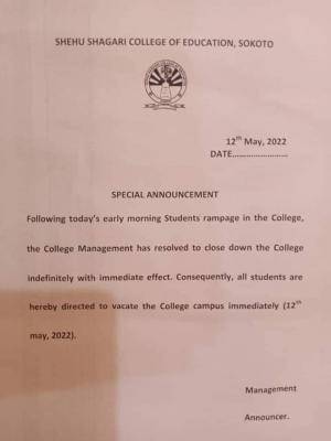 Shehu Shagari College Of Education closed down indefinitely