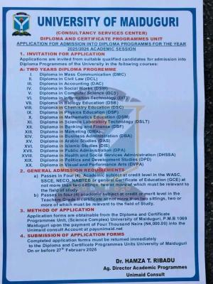 UNIMAID admission into Diploma programmes, 2025/2026