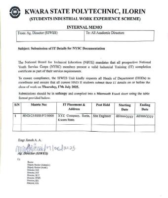 Kwara Poly notice to HND II students on submission of SIWES details