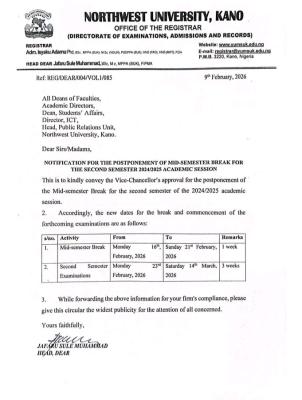Northwest University, Kano postpones midsemester break for 2nd semester, 2024/2025