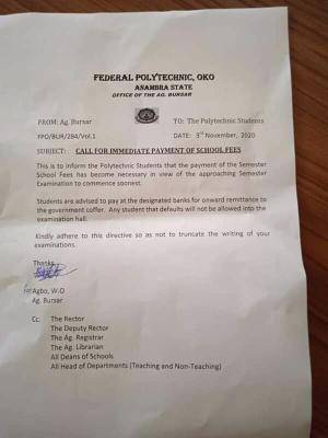 Federal Polytechnic Oko notice on payment of school fees