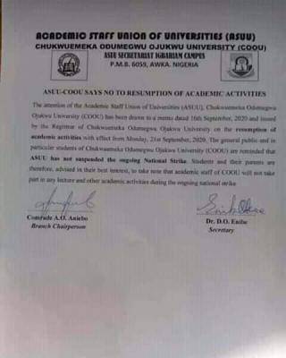 COOU branch of ASUU kicks against resumption of academic activities in the school