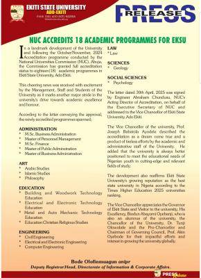 EKSU gets NUC accreditation for 18 academic programmes