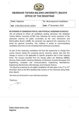ATBU re-opens undergraduate admission portal, 2025/2026