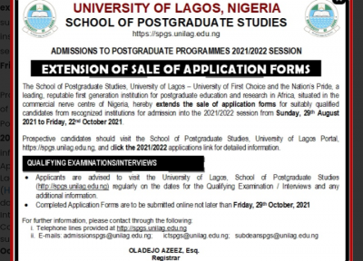 UNILAG extends SPGS, 2021/2022 sales of form