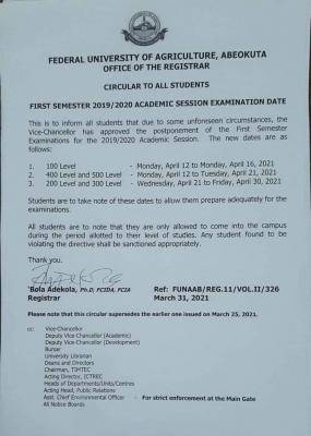 FUNAAB postpones 1st semester examinations, 2019/2020