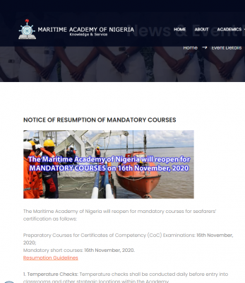 Maritime Academy Oron notice on resumption for mandatory courses