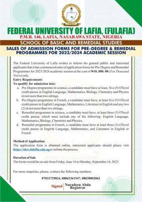 FULAFIA Pre-Degree and Remedial programmes admission form, 2023/2034