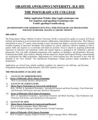 OAU Postgraduate full-time admission for rain semester 2021/2022 academic session