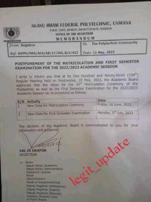 Akanu Ibiam Poly reschedules matriculation ceremony & 1st semester examination, 2022/2023