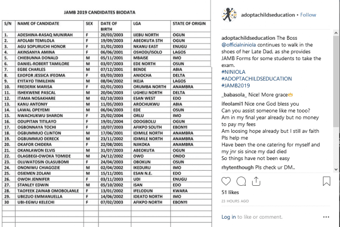 Singer Niniola Buys JAMB Forms For 30 Students