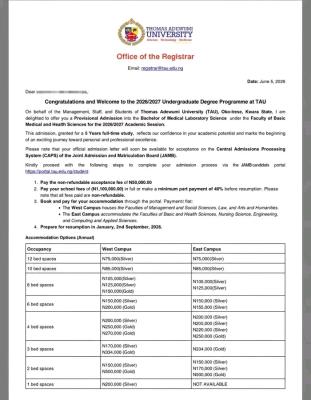 Thomas Adewumi University admission list, 2026/2027