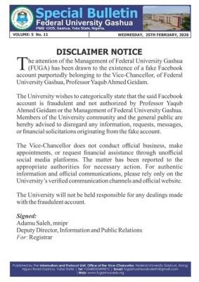 FUGashua disclaimer notice on Fake VC Facebook page