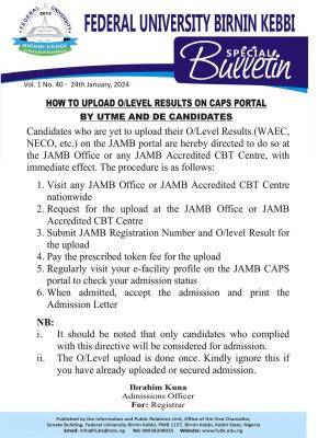 FUBK notice to UTME & DE candidates on uploading of O'Level results
