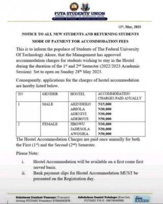 FUTA SUG notice to all new and returning Students on payment of accommodation fees