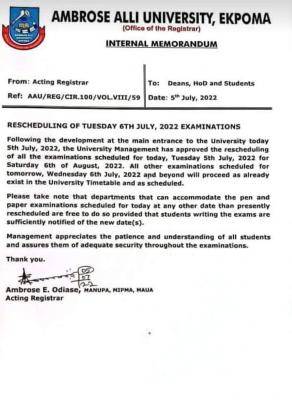 AAU notice on postponement of exam