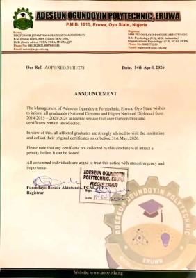 Adeseun Ogundoyin Polytechnic, Eruwa notice to graduands yet to collect their certificate