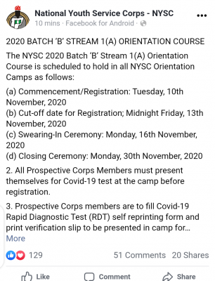 NYSC 2020 batch ‘B’ stream I (A) orientation course details