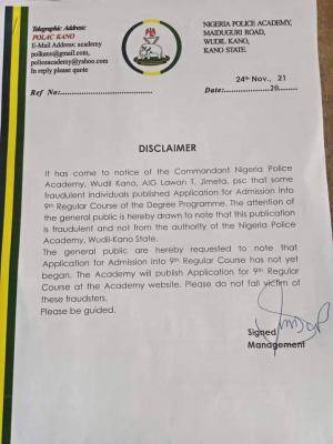 Nigerian Police Academy disclaimer notice to aspirants