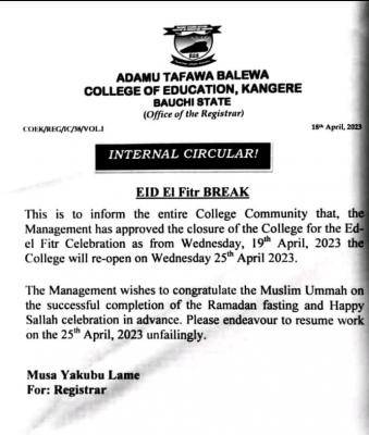 Adamu Tafawa Balewa College of Education notice on EID EI FITR break