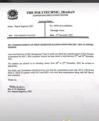 The Poly Ibadan commencement of 1st semester exam, 2023/2024