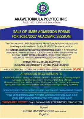 Akawe Torkula Poly, Makurdi IJMBE Admission form, 2026/2027