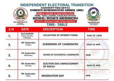 FCE Zaria SRC Elections timetable, 2022/2023