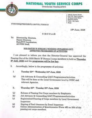 NYSC announces 2025 Batch B Stream I P. O.P Date