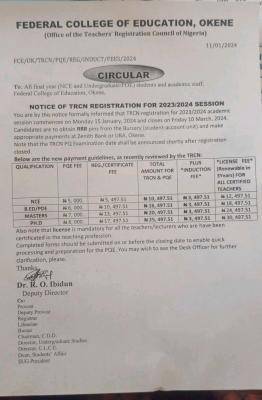 Fed College of Education Okene notice of TRCN registration, 2023/2024