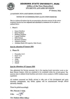 ADSU announces revised hostel accommodation allocation schedule