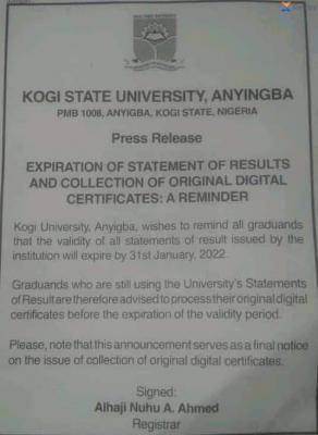 KSU notice on expiration of statement of results