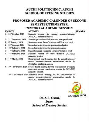 Auchi Polytechnic School of Evening Studies academic calendar for second semester/trimester, 2022/2023